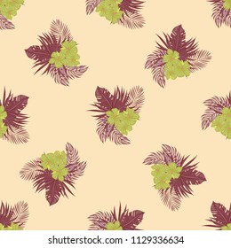 Summer seamless pattern with tropical flowers and leaves.