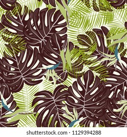 Summer seamless pattern with tropical flowers and leaves.