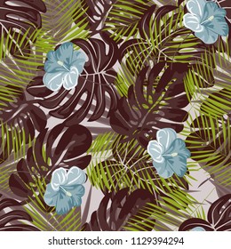 Summer seamless pattern with tropical flowers and leaves.