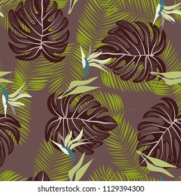 Summer seamless pattern with tropical flowers and leaves.