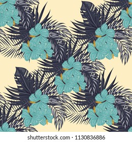 Summer seamless pattern with tropical flowers and leaves.
