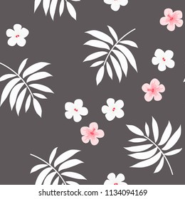 Summer seamless pattern with tropical flowers and leaves.