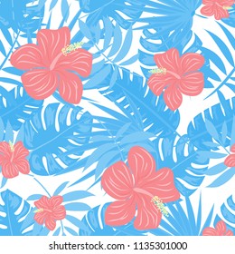 Summer seamless pattern with tropical flowers and leaves.