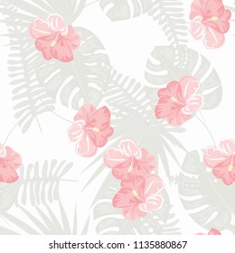 Summer seamless pattern with tropical flowers and leaves.