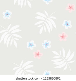 Summer seamless pattern with tropical flowers and leaves.