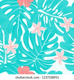 Summer seamless pattern with tropical flowers and leaves.