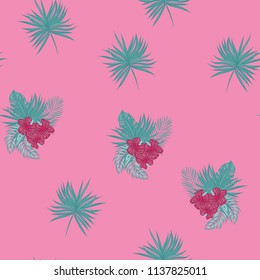 Summer seamless pattern with tropical flowers and leaves.