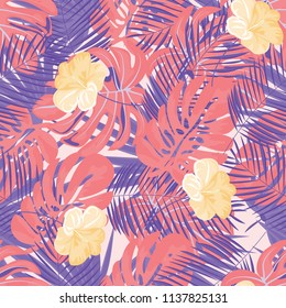 Summer seamless pattern with tropical flowers and leaves.