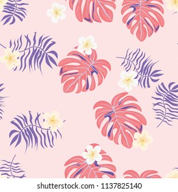 Summer seamless pattern with tropical flowers and leaves.