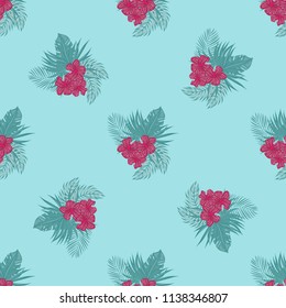 Summer seamless pattern with tropical flowers and leaves.