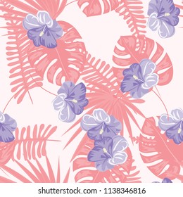 Summer seamless pattern with tropical flowers and leaves.