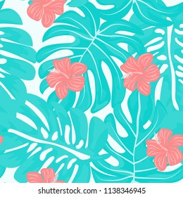 Summer seamless pattern with tropical flowers and leaves.