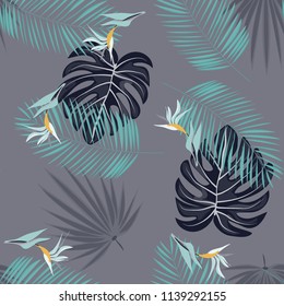 Summer seamless pattern with tropical flowers and leaves.