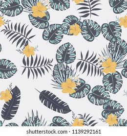 Summer seamless pattern with tropical flowers and leaves.