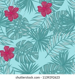 Summer seamless pattern with tropical flowers and leaves.