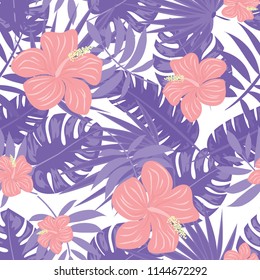 Summer seamless pattern with tropical flowers and leaves.