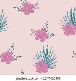 Summer seamless pattern with tropical flowers and leaves.