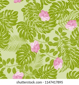Summer seamless pattern with tropical flowers and leaves.