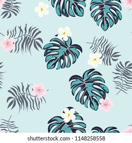 Summer seamless pattern with tropical flowers and leaves.