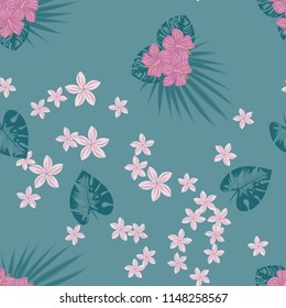 Summer seamless pattern with tropical flowers and leaves.