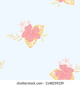 Summer seamless pattern with tropical flowers and leaves.