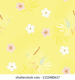 Summer seamless pattern with tropical flowers and leaves.