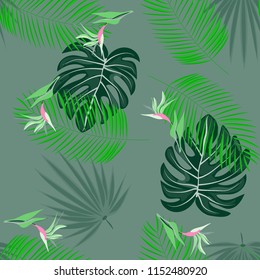 Summer seamless pattern with tropical flowers and leaves.