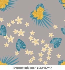 Summer seamless pattern with tropical flowers and leaves.