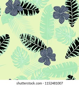 Summer seamless pattern with tropical flowers and leaves.