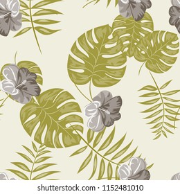 Summer seamless pattern with tropical flowers and leaves.