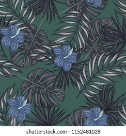 Summer seamless pattern with tropical flowers and leaves.