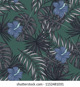 Summer seamless pattern with tropical flowers and leaves.