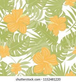 Summer seamless pattern with tropical flowers and leaves.