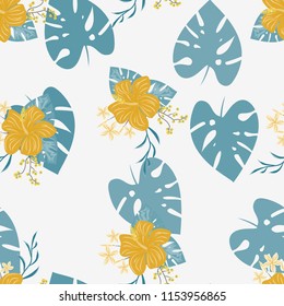 Summer seamless pattern with tropical flowers and leaves.