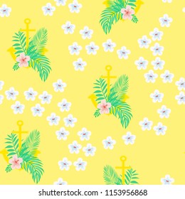 Summer seamless pattern with tropical flowers and leaves.