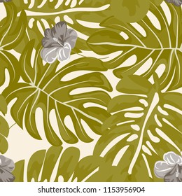 Summer seamless pattern with tropical flowers and leaves.