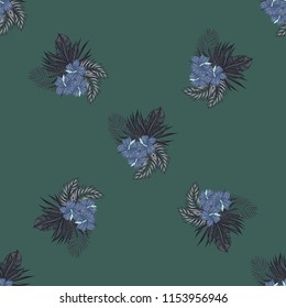 Summer seamless pattern with tropical flowers and leaves.