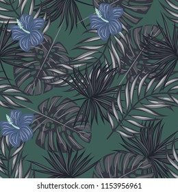 Summer seamless pattern with tropical flowers and leaves.