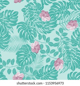 Summer seamless pattern with tropical flowers and leaves.