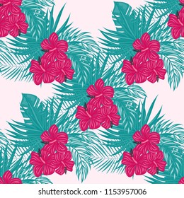 Summer seamless pattern with tropical flowers and leaves.