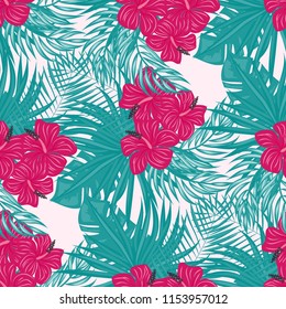 Summer seamless pattern with tropical flowers and leaves.