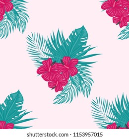Summer seamless pattern with tropical flowers and leaves.