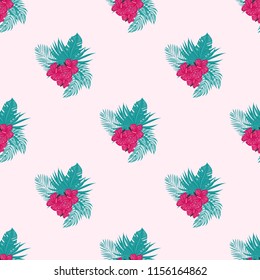 Summer seamless pattern with tropical flowers and leaves.