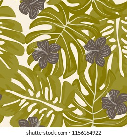 Summer seamless pattern with tropical flowers and leaves.