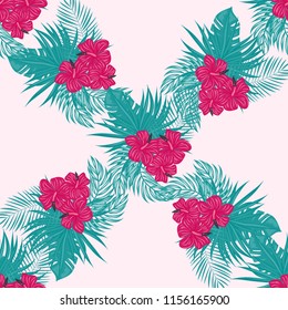 Summer seamless pattern with tropical flowers and leaves.