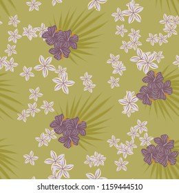 Summer seamless pattern with tropical flowers and leaves.
