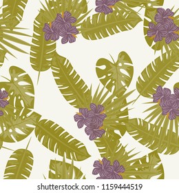 Summer seamless pattern with tropical flowers and leaves.