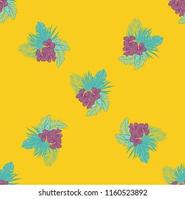Summer seamless pattern with tropical flowers and leaves.