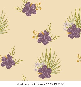 Summer seamless pattern with tropical flowers and leaves.