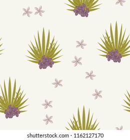 Summer seamless pattern with tropical flowers and leaves.